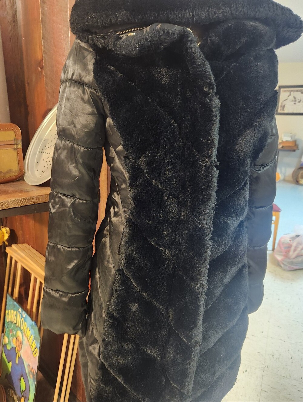 Karl Lagerfeld Paris Black Hooded Puffer Coat Parka Faux Fur Sz XS